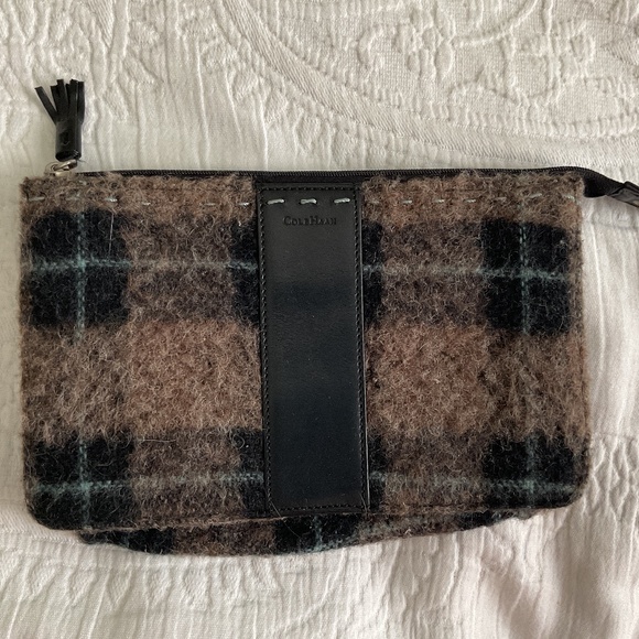 NWOT Cole Haan Plaid Leather & Wool Zippered Makeup Bag / Small Clutch - Picture 1 of 7